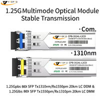 YTOPTO Transceptor de Fibra Óptica BIDI SFP de 1.25G, 20km, TX1310/RX1550nm TX1550/RX1310nm SMF Simplex LC, Compatible con Cisco