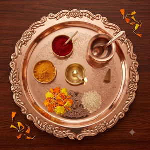 Ensemble de thali en cuivre fait main pour la Pooja, assiette traditionnelle pour la Puja, cadeau pour le festival Diwali, thali Aarti, décoration pour le temple à domicile, vente en gros - Product Image 2