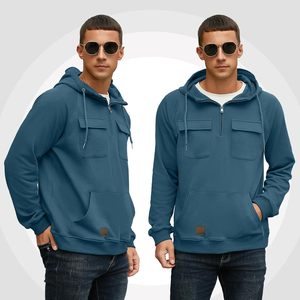Sweat à capuche tendance pour homme, demi-zip, avec poche avant, en mélange de coton, doublure polaire, décontracté, hiver, cordon de serrage réglable, écologique, ODM - Product Image 3