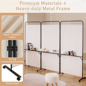 Divisorio Pieghevole Personalizzabile a 3 Pannelli in Bambù e Tela con Ruote Bloccabili e 3 Ripiani Metallici, Schermo Divisorio Bianco per Stanze - Product Image 6