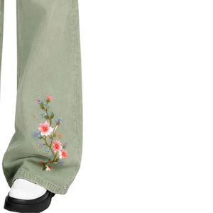 Jean large brodé floral vert sauge pour femme, taille haute, coupe ample vintage, décontracté, mode, personnalisé OEM ODM - Product Image 4
