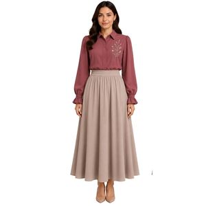 Rosewood and Light Taupe <b>Women</b> Embroidered Blouse and Maxi Skirt Set Long Sleeve Button Up High Waist Modest Two Piece Outfit - Product Image 1