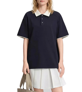 Polo oversize pour femme, couleur unie, manches courtes, décontracté, en tissu Oxford de coton, col et poignets violets, best-seller 2026, ODM - Product Image 6