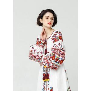 <b>Women</b> <b>White</b> Embroidered Long Boho Ethnic Maxi Kaftan Dress Full Sleeve Linen Natural Waist Washable Designer Wear - Product Image 2