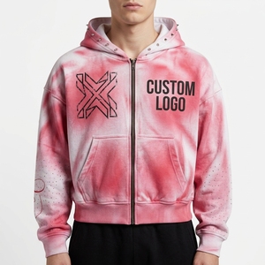 Sudadera con capucha unisex rosa tie-dye con cremallera, con púas y pedrería en las mangas, estilo crop, chaqueta de felpa de estilo urbano, con logo personalizado, oversize, a la moda. - Product Image 1