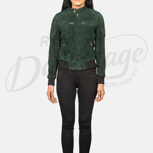 Bliss Custom Logo Branding Genuine Suede <b>Leather</b> Bomber <b>Jacket</b> for Women's Green Ribbed Green Suede Warm Winter <b>Leather</b> <b>Jackets</b> - Product Image 3