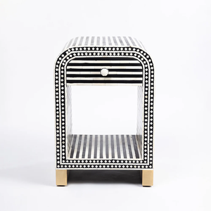 Modern Black White Striped <b>Side</b> Table With <b>Drawer</b> And Open Shelf Living Room Furniture Contemporary Design Gold Legs - Product Image 4