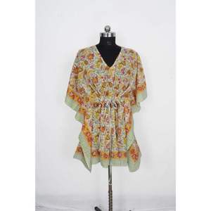 Kaftan imprimé floral de style coréen, robe tunique courte en coton naturel pour femmes, dentelle durable, taille plus, lavable, respirant, plage - Product Image 1