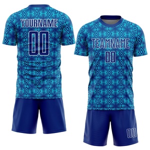 Conjunto de Uniforme de Fútbol Sublimado Personalizado de Alto Rendimiento, Patrón Geométrico Azul, Secado Rápido, Unisex, Adulto, Manga Corta - Product Image 1