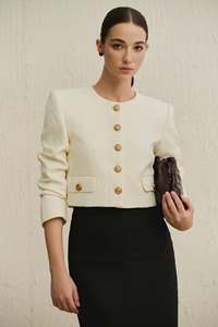 Chaqueta Blazer de Lana Crema para Mujer, Cuello en V, Manga Larga, Bordado a Mano, Cierre de un Botón, Estilo Casual para Invierno - Product Image 1