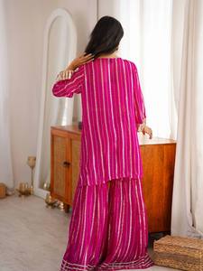 Conjunto Tradicional Indio-Pakistaní Rosa, Top Largo, Pantalones Palazzo Plisados, Diseño Bordado con Cuello en V, Traje de Boda para Mujer, Zari Dorado - Product Image 3