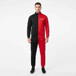 Men's Two-<b>Tone</b> Full Zip Tracksuit <b>Red</b> Black Color Block Sporty Jogging Set With Side Pockets Regular Fit Autumn Wear - Product Image 1