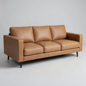 Sofá de Cuero Vacuno Genuino de Primera Calidad, Estilo Moderno de Mediados de Siglo, 3 Plazas, Color Marrón, Diseño Minimalista para Sala de Estar - Product Image 1