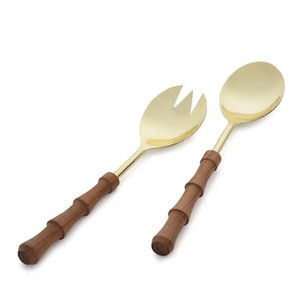 Natural Wooden Handle Metal Salad <b>Server</b> Gold Finished for Home & Hotels Tabletop Decorative Salad <b>Server</b> Sets On Sale - Product Image 1