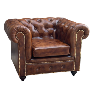 Canapé Chesterfield en cuir pour une personne, avec capitonnage profond, accoudoirs roulés, base en bois massif, style vintage, fauteuil - Product Image 1