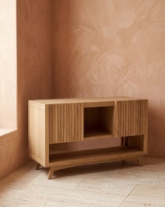 Ensemble de meubles de salle de bain modernes en teck brut, armoire de rangement autoportante à lattes, 2 étagères, poignées en bois, pour villas et hôtels - Product Image 3