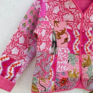 Pink Quilted Jacket Women's Full Sleeve V-Neck Printed <b>Cardigan</b> Spring Outerwear Full Sleeve Eco Friendly Outerwear - Product Image 4