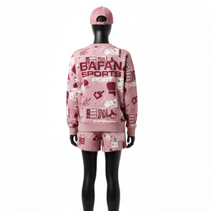 Ensemble de survêtement court en molleton 100 % coton de haute qualité pour femme, 280 GSM, imprimé sur toute la surface, avec logo personnalisé - Product Image 2