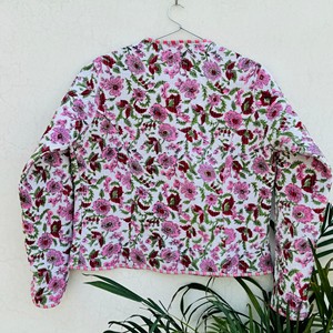 Veste en coton matelassée à fleurs roses, col en V, manches longues, vêtements d'extérieur de printemps, style Prairie Chic pour femmes - Product Image 2