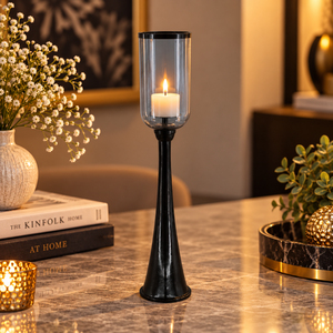 Smoked Glass Hurricane <b>Candle</b> <b>Holder</b> with Tall <b>Black</b> Metal Base for Table Display | Contemporary <b>Candle</b> Stand for Home Dining De - Product Image 4
