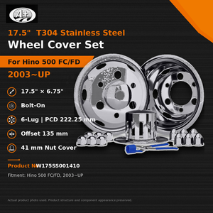 Ensemble de couvre-roues en acier inoxydable 17,5x6,75 pour Hino 500 FC/FD 2003~ et plus, fixation par boulons, décoratifs avec caches-écrous - Product Image 3