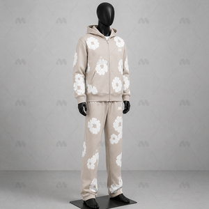 Conjunto de chándal de forro polar personalizado para mujer al por mayor, sudadera con capucha de invierno con cremallera, pantalones de chándal de pierna ancha con bordado floral, ajuste holgado - Product Image 5