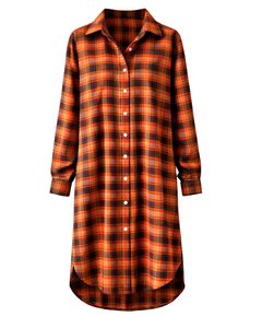 Vestido Camisero Largo a Cuadros Naranja Personalizado para Mujer, Estilo Túnica Oversize con Botones, Casual, Holgado, Manga Larga, de Franela de Algodón Suave - Product Image 1