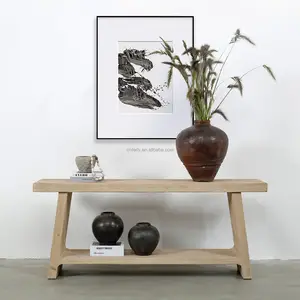 Modern American Style Living Room Wooden Round Thick Planks Solid Wood Aged Natural Oak Console Table