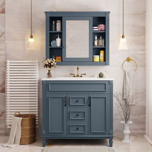 Mobile Bagno Moderno da 36 Pollici con Specchio Blu Reale, Lavabo Integrato, 2 Ante con Chiusura Ammortizzata e 2 Cassetti Blu Reale - Product Image 3