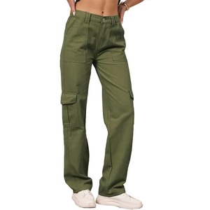 Pantalon cargo taille haute pour femme, vert uni, en toile, coupe ample, longueur intégrale, style streetwear décontracté, avec plusieurs poches - Product Image 1