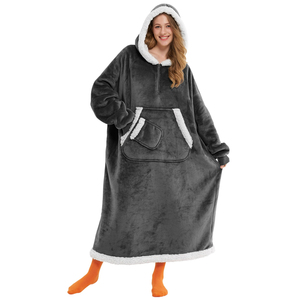 Oversized Soft Cotton Blend Hooded <b>Wearable</b> <b>Blanket</b> Sweatshirt Long Sleeve Fleece Lined Solid Color Women's Winter Pullover - Product Image 1