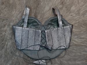 Metallic Silver Woven <b>Satin</b> Minimalist Corset <b>Blouse</b> for Saree Wedding Spring/Summer Sleeveless - Product Image 2