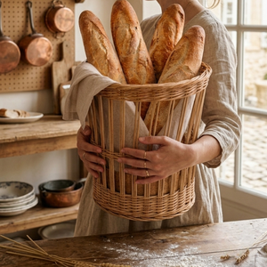 Handmade Natural Rattan Baguette Bread <b>Basket</b> - Rustic <b>Woven</b> <b>Storage</b> <b>Basket</b> for Countertop & Kitchen Decor - Product Image 2