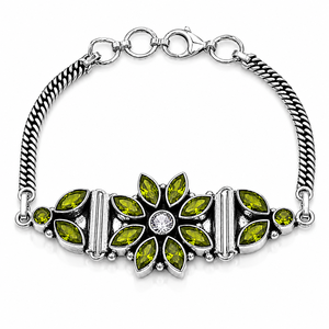 Hot Selling Women's Brass Oxidized Silver Antique Silver Plated <b>Beaded</b> <b>Bracelet</b> Quartz Green Gemstone Vintage Floral Design - Product Image 1