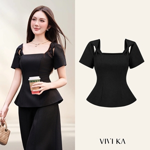 Blusa Estructurada con Peplum para Mujer, Cuello Cuadrado, Mangas con Detalle en el Hombro, Top con Paneles, Tejido Premium, Estilo Casual de Oficina, LILA - Product Image 1