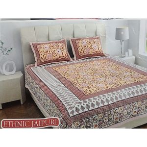 Parure de lit ethnique Jaipuri 90x108 pouces en coton, drap-housse standard, taie d'oreiller et housse de couette - Product Image 1