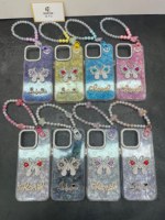 Coque de téléphone à motif papillon en strass, coque rigide transparente avec bracelet perlé, coque de téléphone tendance antidérapante et résistante aux chutes
