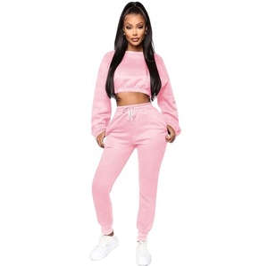 Sweat-shirt à manches longues et ourlet élastique pour femme, ensemble deux pièces de haute qualité, haut court et pantalon de jogging, - Product Image 1
