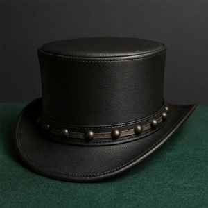 Handcrafted Black Leather Top <b>Hat</b> Steampunk with Studded <b>Band</b> Bold Western Gothic - Product Image 1