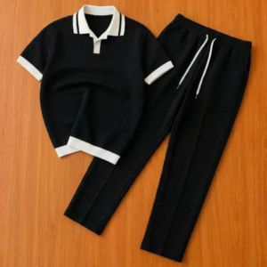 Custom Men's 2 Piece <b>Knit</b> <b>Set</b> Short Sleeve Shirt and Long Pants Tracksuit - Product Image 1