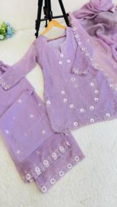 2026 O-Neck Currency silk 3-Piece Thread & Sequnce work Kurti Plazzo Dupatta FullSleeves Fully Stitched With Waist <b>Elastic</b> <b>Belt</b> - Product Image 4