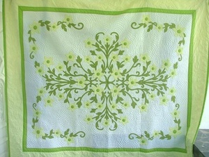 Lime <b>Green</b> Hawaiian Hand Quilted Bedspread With Tropical Flower Applique Handmade Cotton Quilt For Summer Bedroom Decoration - Product Image 3
