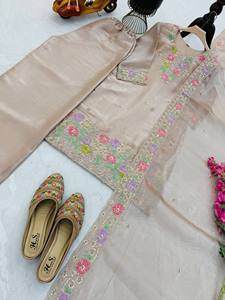 Ensemble Salwar Kameez Choli traditionnel indien brodé de fleurs beiges, vêtements ethniques pour femmes, tenue cousue en 3 pièces pour mariage XXL - Product Image 5
