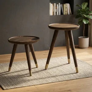 Midcentury Modern Round Wood <b>Nesting</b> Coffee <b>Tables</b> Set of 2 With Metal Leg Caps Natural Finish - Product Image 3