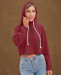 Sweat-shirt à capuche court pour femme, couleur unie, léger, à manches longues, décontracté - Product Image 5