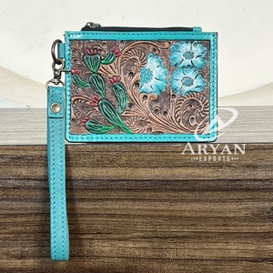 Flower Cactus Design Hand Tooled Genuine Leather Stylish Zipper Closure Cash Credit <b>Card</b> <b>Holder</b> For Women Wristlet <b>Wallet</b> - Product Image 1