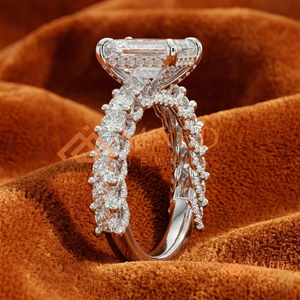 Elegant 925 Sterling <b>Silver</b> <b>Emerald</b> Cut Diamond Engagement <b>Ring</b> with Round Cut Side Stones for Women - Product Image 2