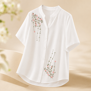 Blusa de Algodón Blanca para Mujer, Bordada, Manga Corta, con Botones, Estilo Casual, para Verano - Product Image 3