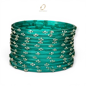 Bracelets en verre kashmiri bleu turquoise de créateur, sertis de perles émeraude et de gouttes de pluie, plaqués argent, pour femmes, pour mariage et occasions festives - Product Image 4