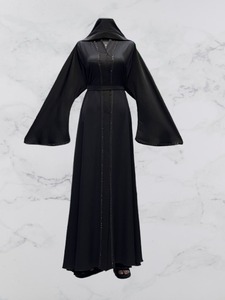 Abaya de mariage pour femme, faite main, respirante, à capuche, à manches longues, col en V, couleur unie, en polyester, longueur au sol, ourlet évasé, ornée de perles, style modeste - Product Image 3